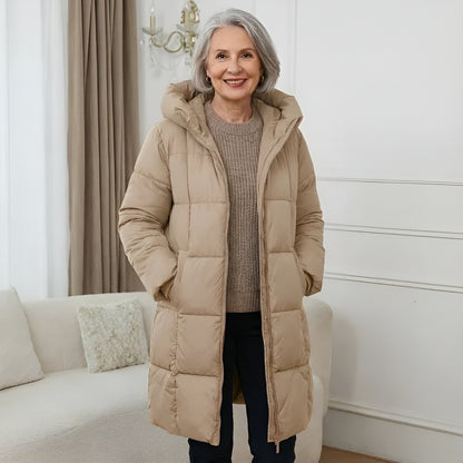 Manteau long matelassé capuche, coloris camel, vue de face