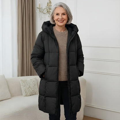 Manteau long matelassé capuche, coloris noir, vue de face