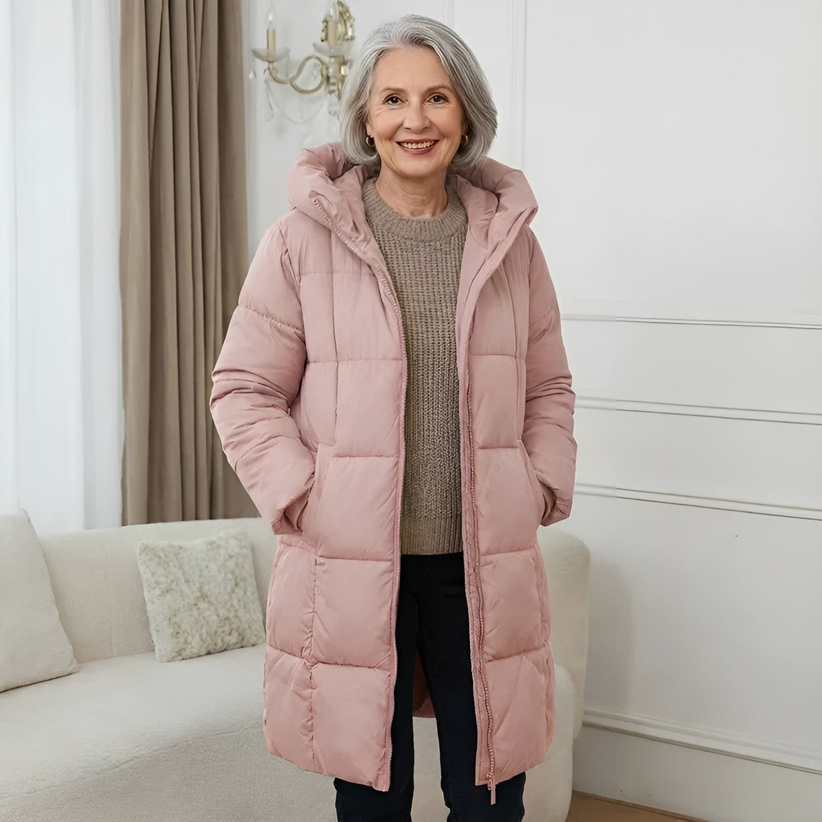 Manteau long matelassé capuche, coloris rose clair, vue de face