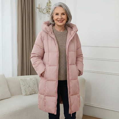 Manteau long matelassé capuche, coloris rose clair, vue de face