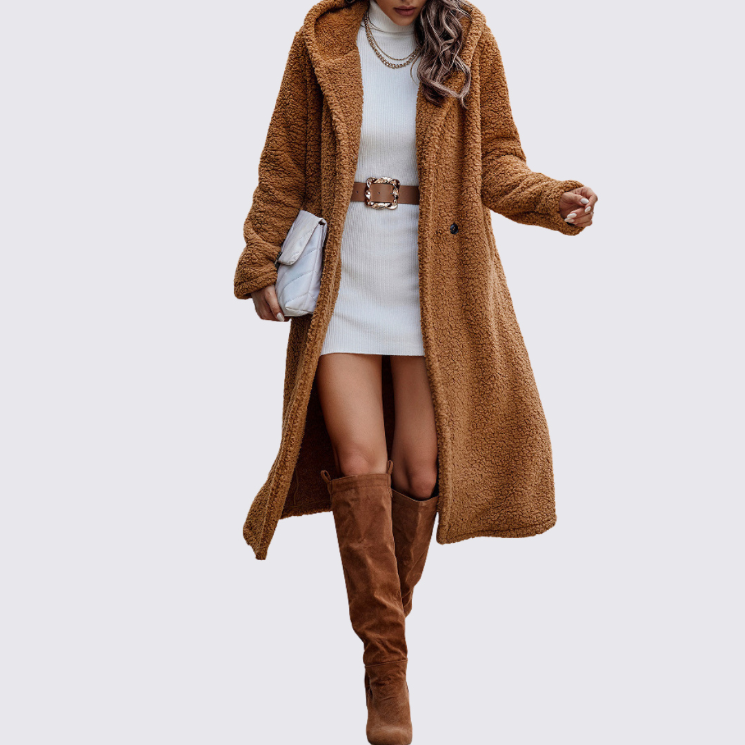 Manteau sherpa croisé long pour femme, coloris camel