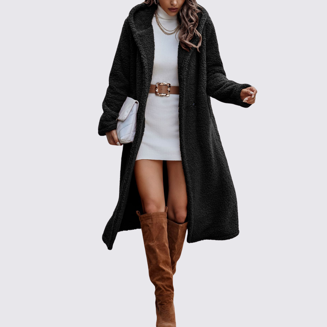 Manteau sherpa croisé long pour femme, coloris noir