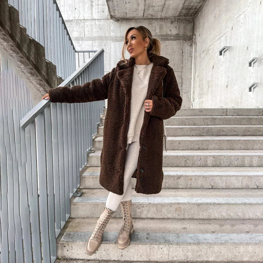Manteau teddy à revers pour femme, coloris marron