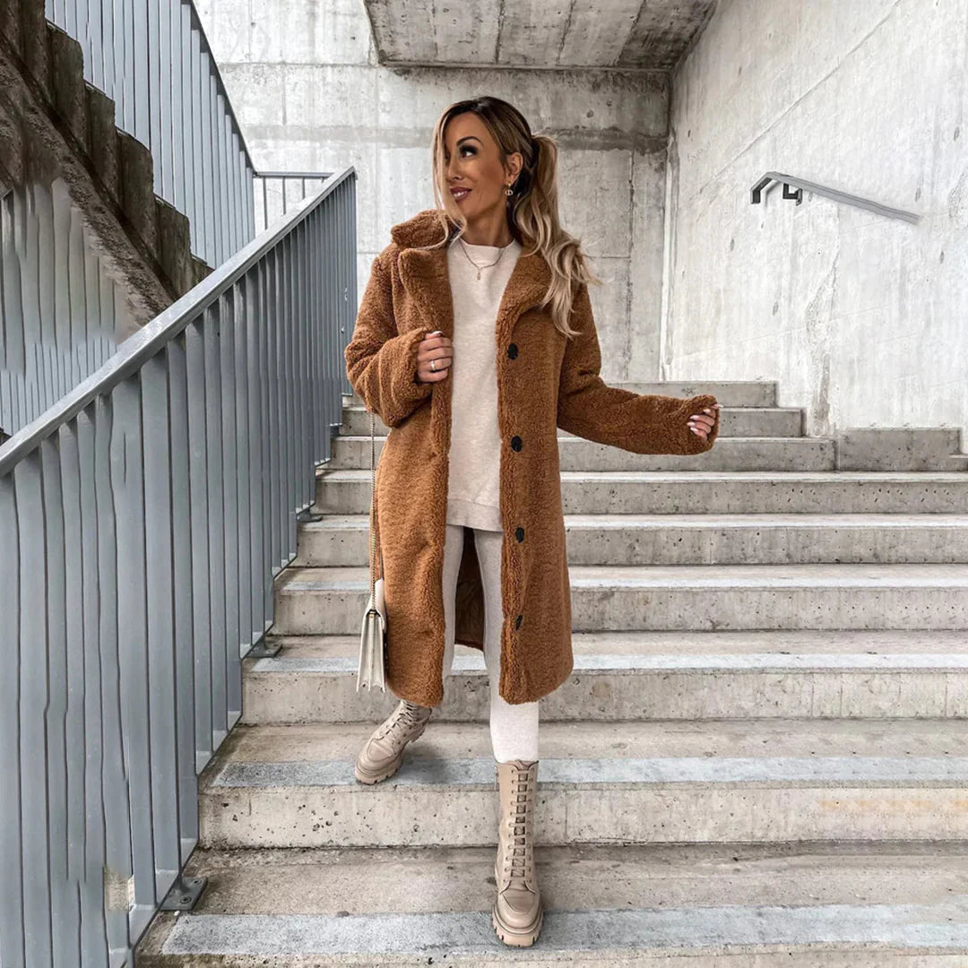 Manteau teddy à revers pour femme, coloris marron clair