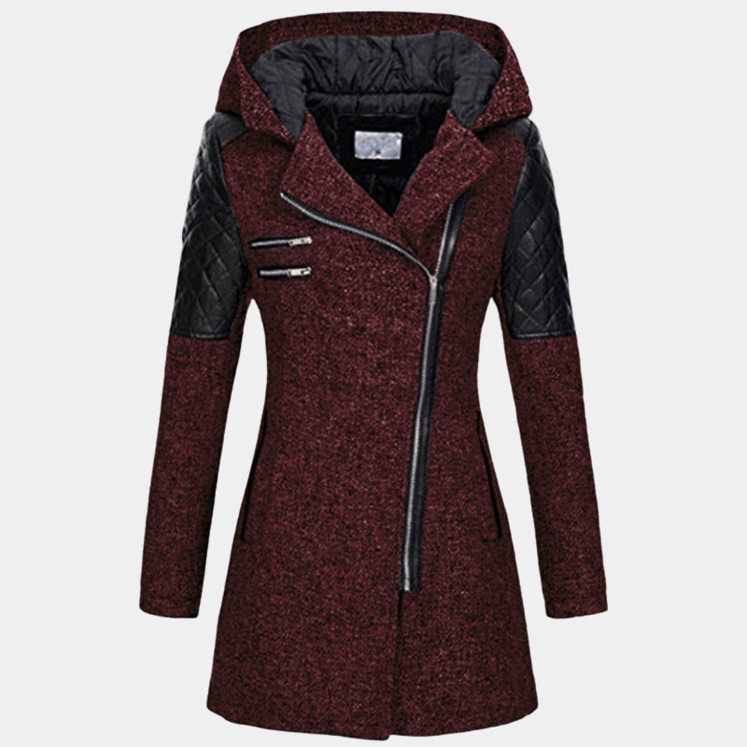 Manteau zippé à capuche, coloris bordeaux, vue de face