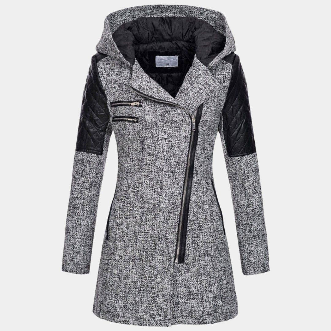 Manteau zippé à capuche, coloris gris clair, vue de face