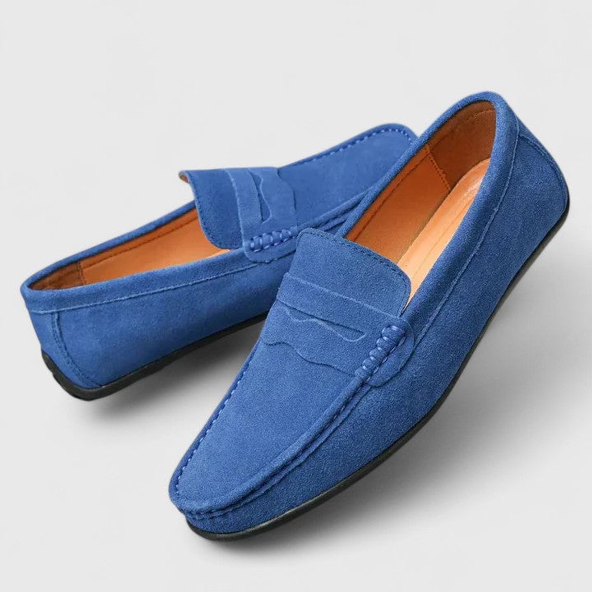 Mocassins penny en daim bleu, bride et doublure en cuir
