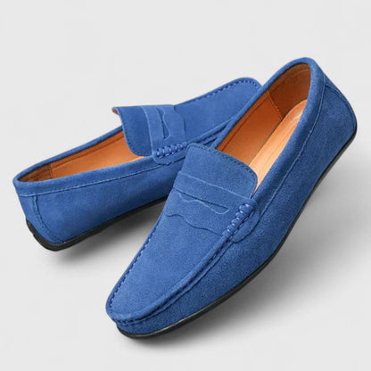 Mocassins penny en daim bleu, bride et doublure en cuir