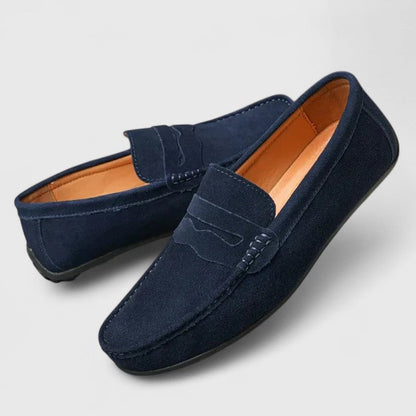 Mocassins penny en daim bleu marine, doublure en cuir