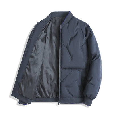 Veste matelassée bleu marine ouverte, doublure grise visible, col et poignets bord-côte, vue à plat