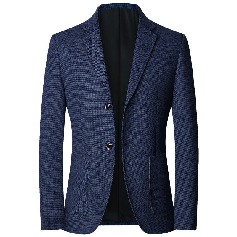 Blazer bleu marine à simple boutonnage, deux boutons et poches plaquées, vue de face