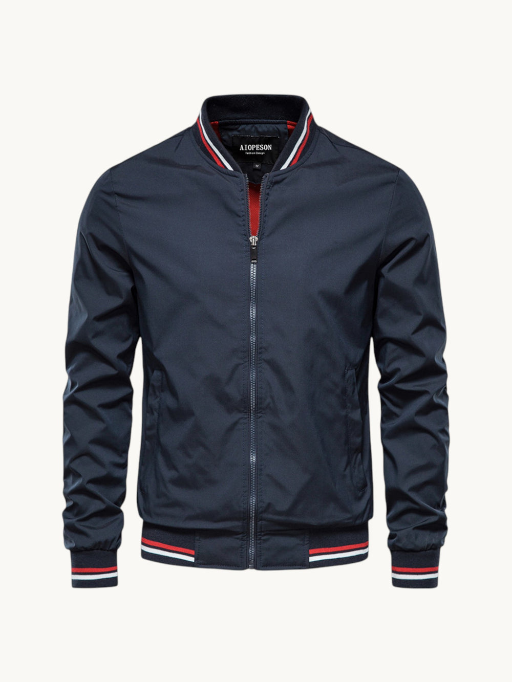 Blouson zippé bleu marine col montant rayures rouge blanc, vue de face