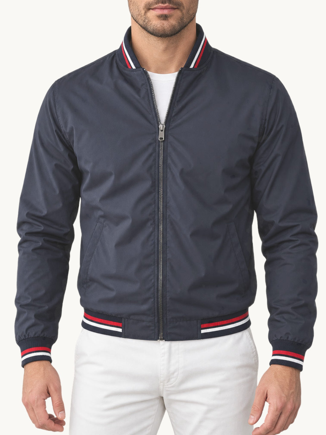 Blouson zippé homme bleu marine col montant à rayures rouge et blanc