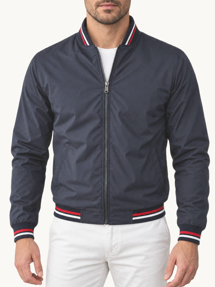 Blouson zippé homme bleu marine col montant à rayures rouge et blanc