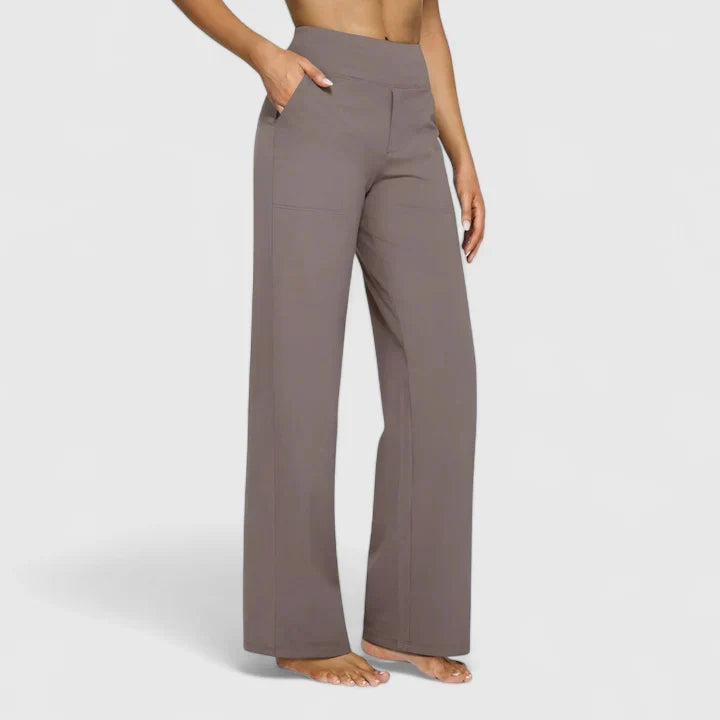 Pantalon large à taille haute, coloris beige, vu de face