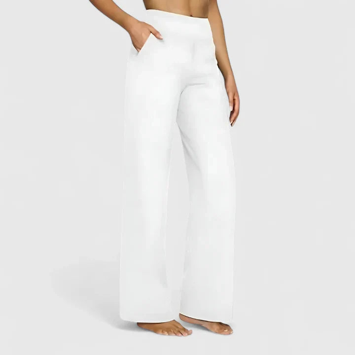 Pantalon large à taille haute, coloris blanc, vu de face