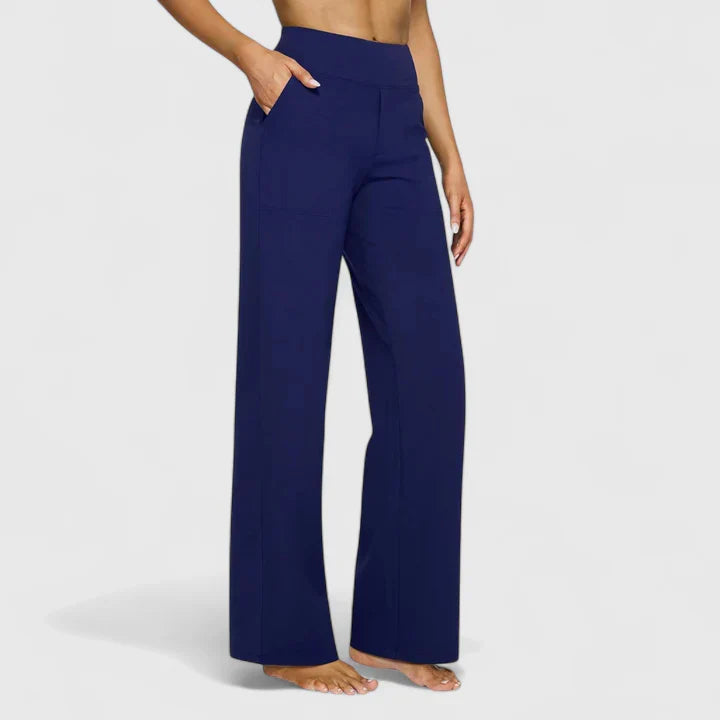 Pantalon large à taille haute, coloris bleu, vu de face