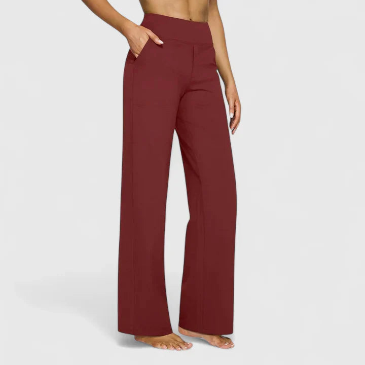 Pantalon large à taille haute, coloris bordeaux, vu de face