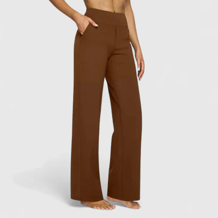 Pantalon large à taille haute, coloris marron, vu de face