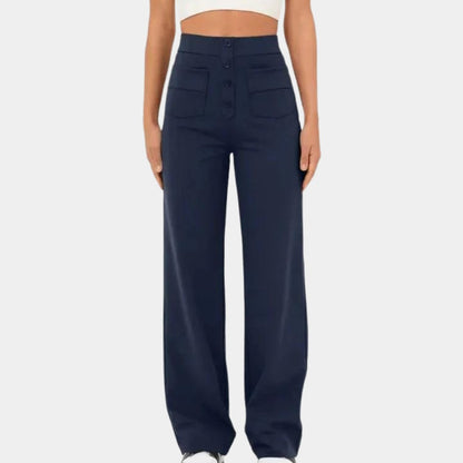 Pantalon taille haute boutons, coloris bleu marine, vue de face