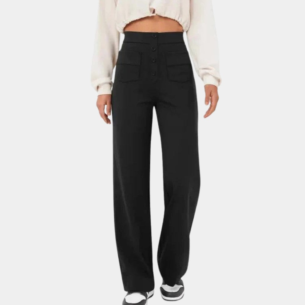 Pantalon taille haute boutons, coloris noir, vue de face