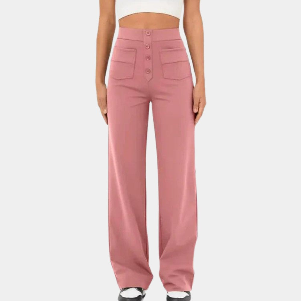 Pantalon taille haute boutons, coloris rose, vue de face
