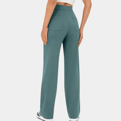 Pantalon taille haute boutons, coloris vert, vue de dos