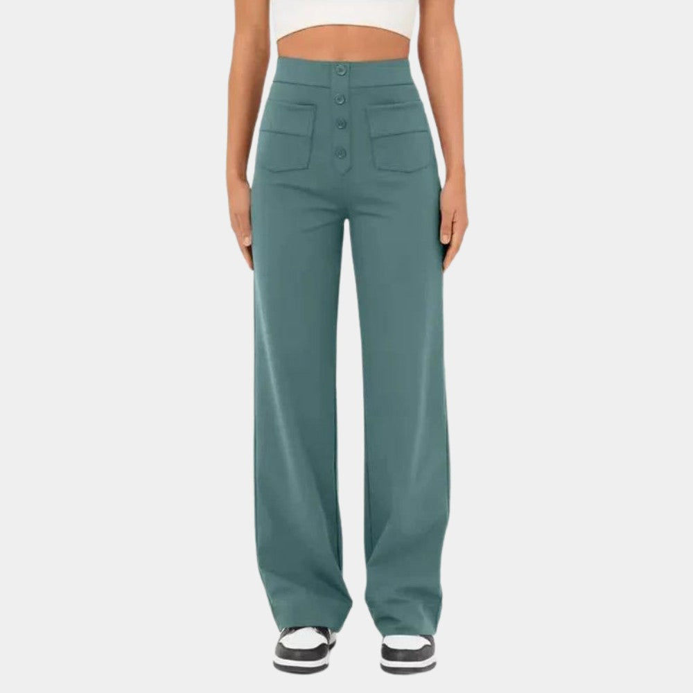 Pantalon taille haute boutons, coloris vert, vue de face