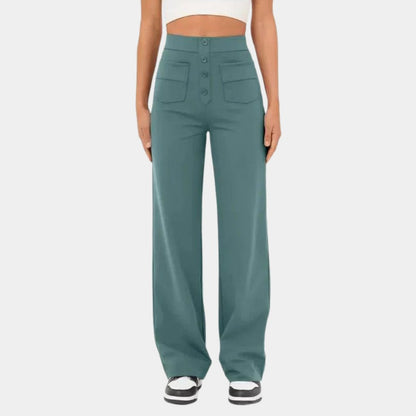 Pantalon taille haute boutons, coloris vert, vue de face