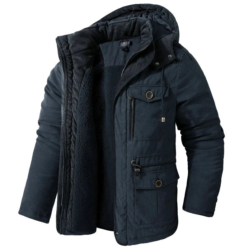 Parka à capuche bleu marine doublée polaire, avec poches plaquées à rabat