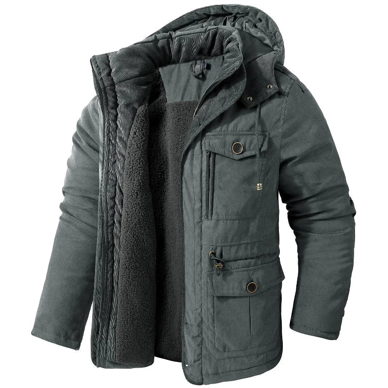 Parka à capuche gris doublée polaire, avec poches plaquées à rabat