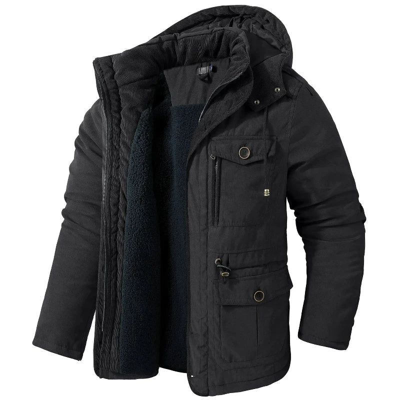 Parka à capuche noire doublée polaire, avec poches plaquées à rabat