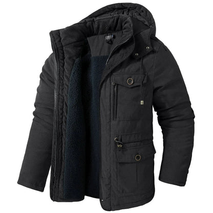 Parka à capuche noire doublée polaire, avec poches plaquées à rabat