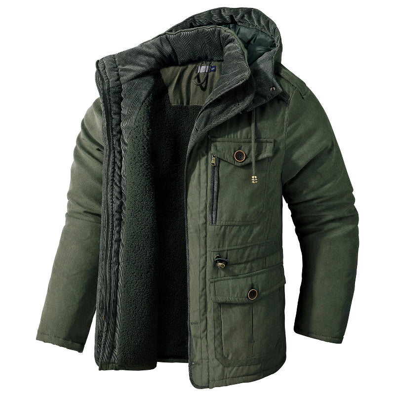 Parka à capuche vert olive doublée polaire, avec poches plaquées à rabat