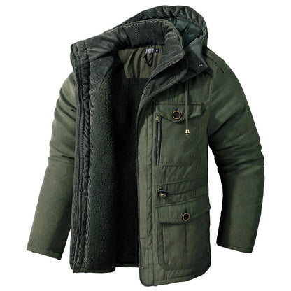 Parka à capuche vert olive doublée polaire, avec poches plaquées à rabat