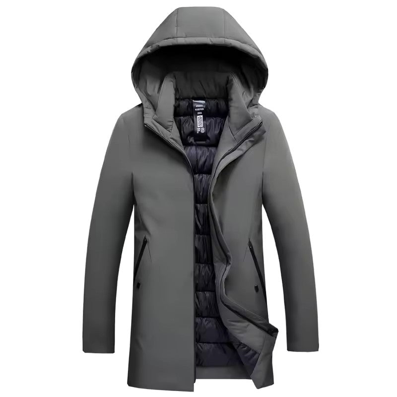 Parka gris kaki à capuche, ouverte sur sa doublure matelassée noire et poches zippées