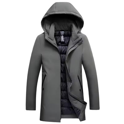 Parka gris kaki à capuche, ouverte sur sa doublure matelassée noire et poches zippées