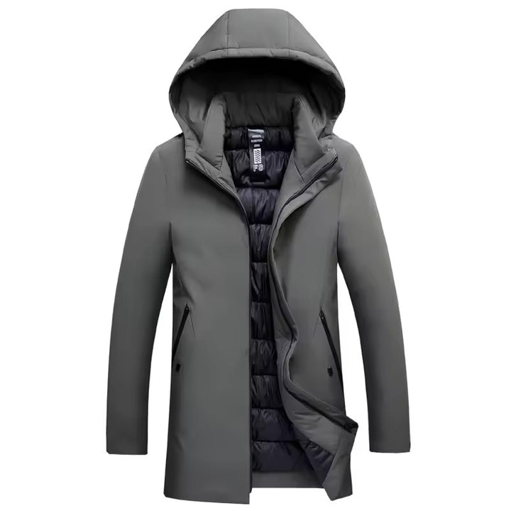 Parka gris kaki à capuche, ouverte sur sa doublure matelassée noire et poches zippées