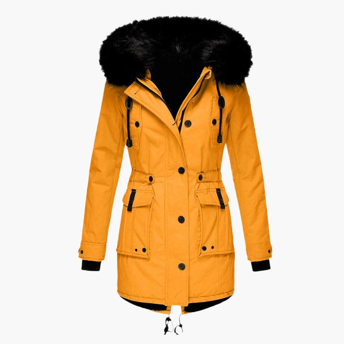 Parka longue à capuche, coloris doré, présentée seule