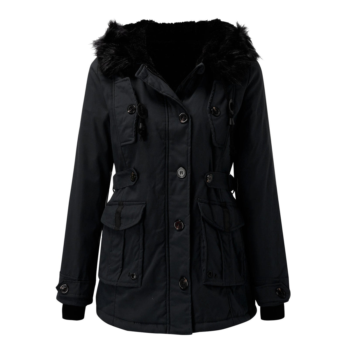 Parka longue à capuche, coloris noir, présentée seule