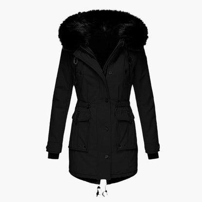 Parka longue à capuche, coloris noir, présentée seule