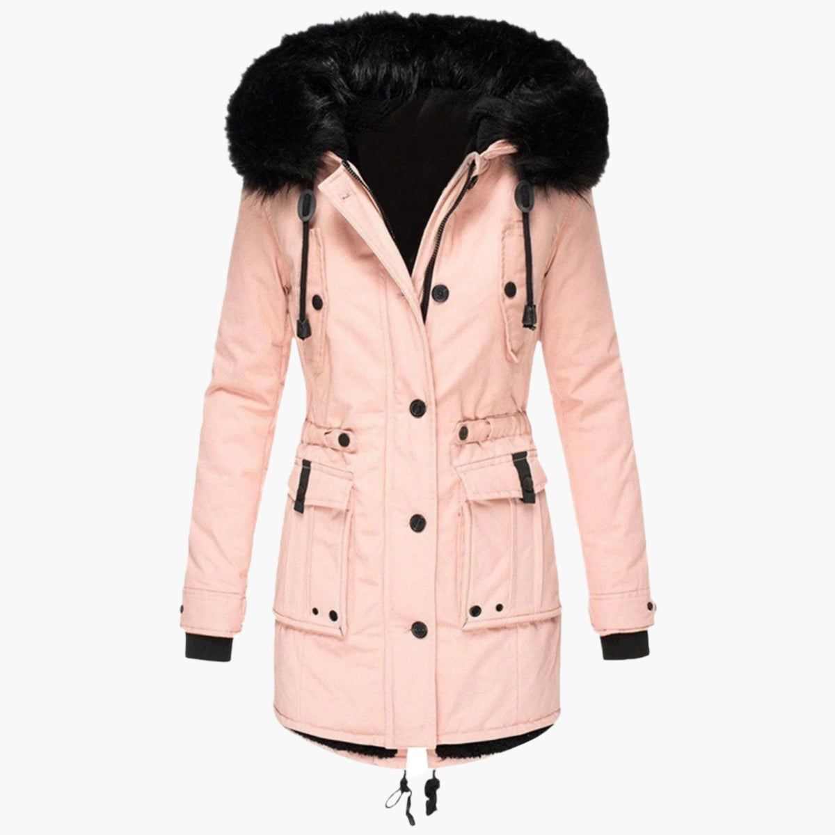 Parka longue à capuche, coloris rose, présentée seule