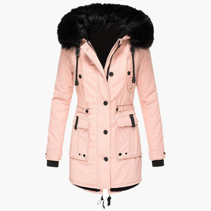 Parka longue à capuche, coloris rose, présentée seule