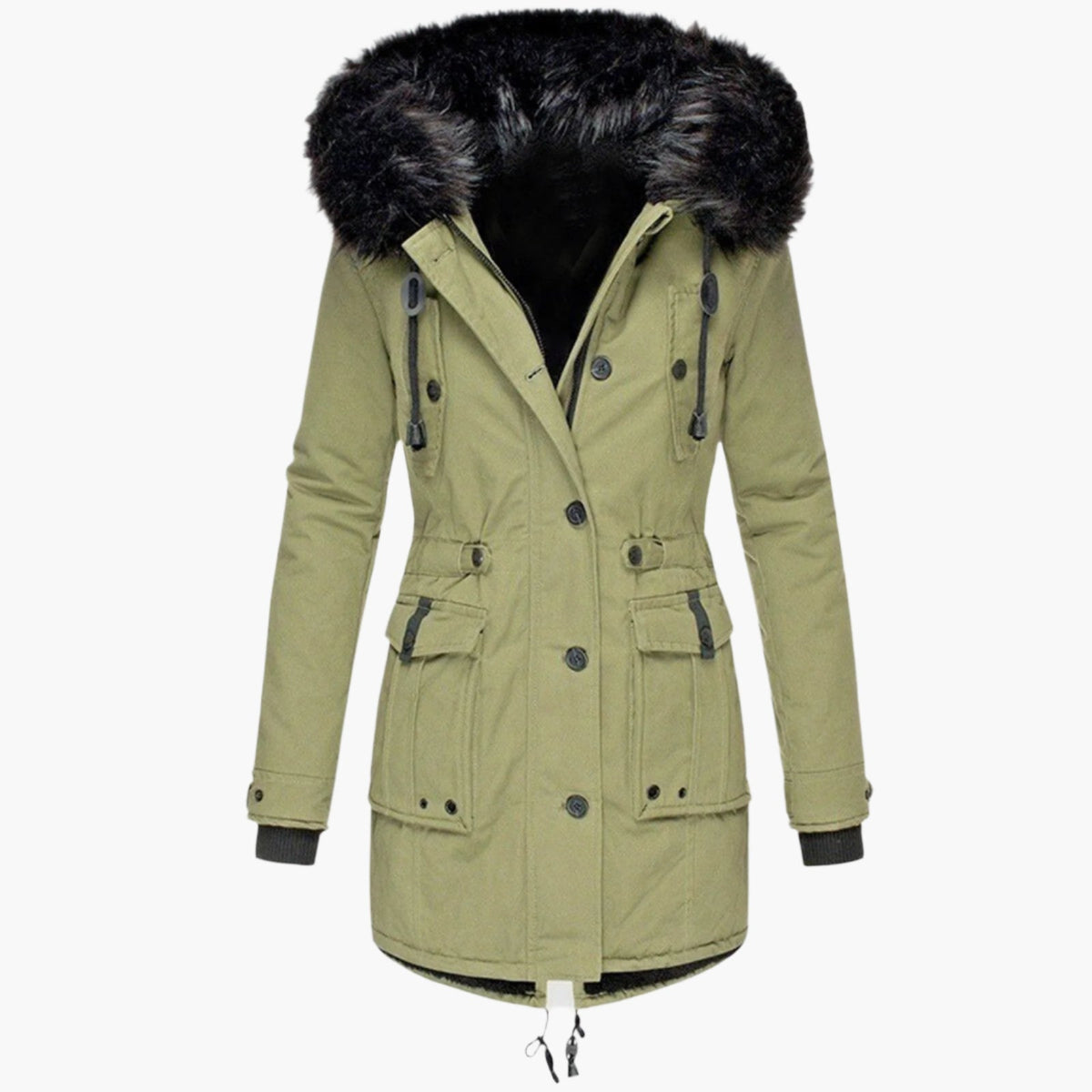 Parka longue à capuche, coloris vert, présentée seule