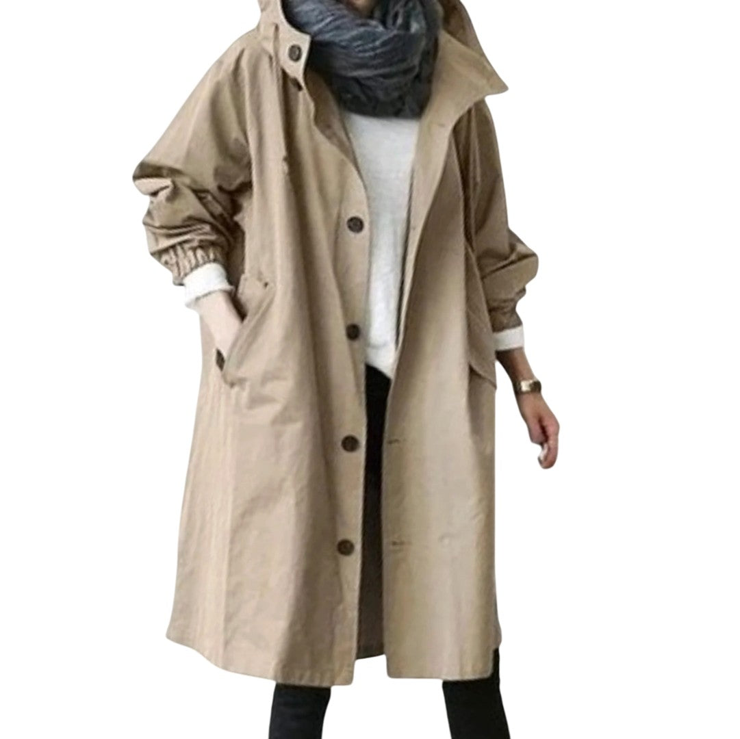 Parka longue de pluie, coloris sable, vue de trois quarts