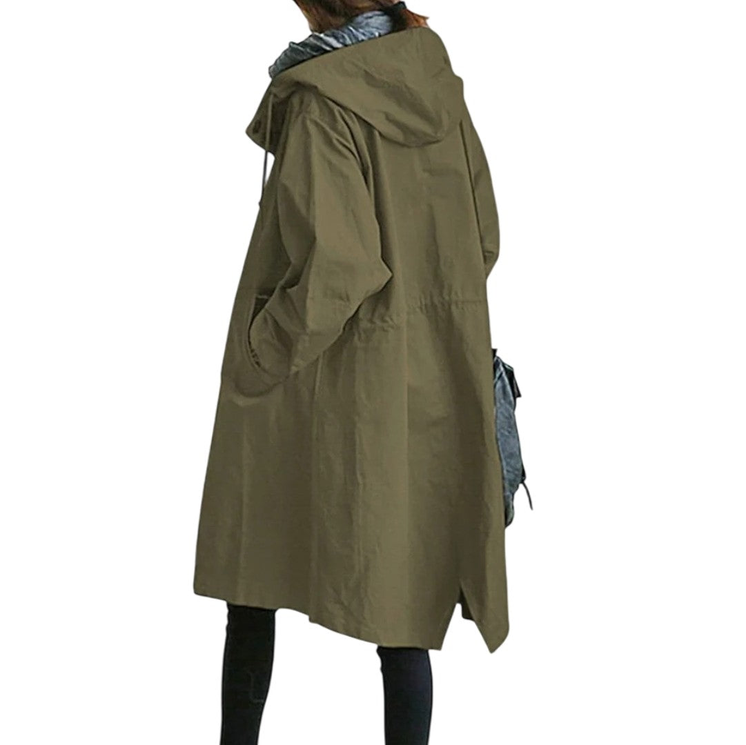 Parka longue de pluie, coloris vert olive, vue de dos