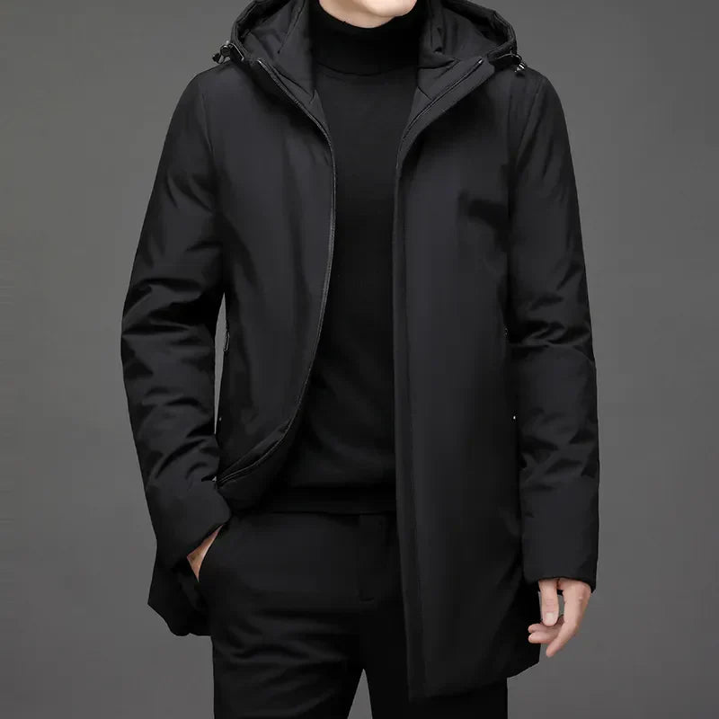 Parka mi-longue à capuche, coloris noir, vue de face