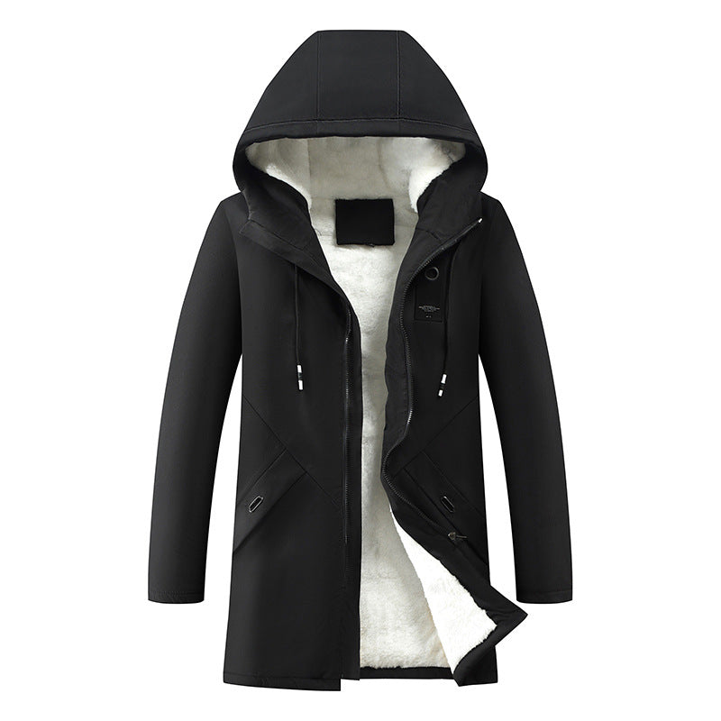 Parka mi-longue zippée, coloris noir, présenté à plat