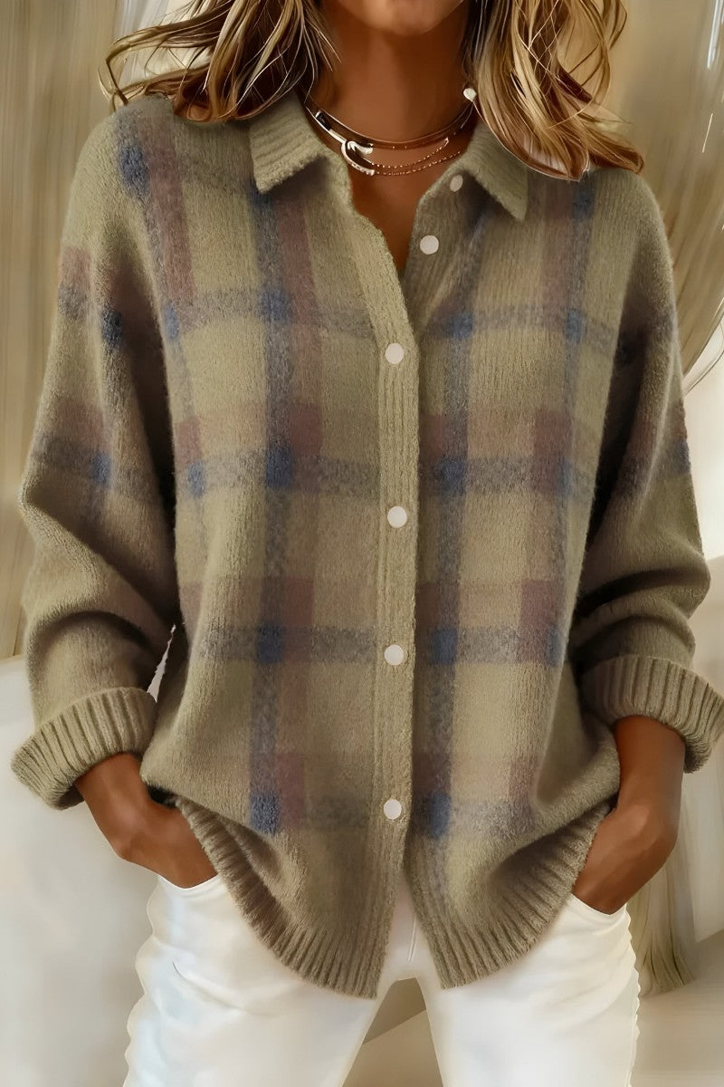 Cardigan ample à carreaux, kaki