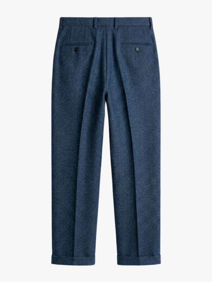 Pantalon à plis en laine chevrons bleu, vue de dos à plat
